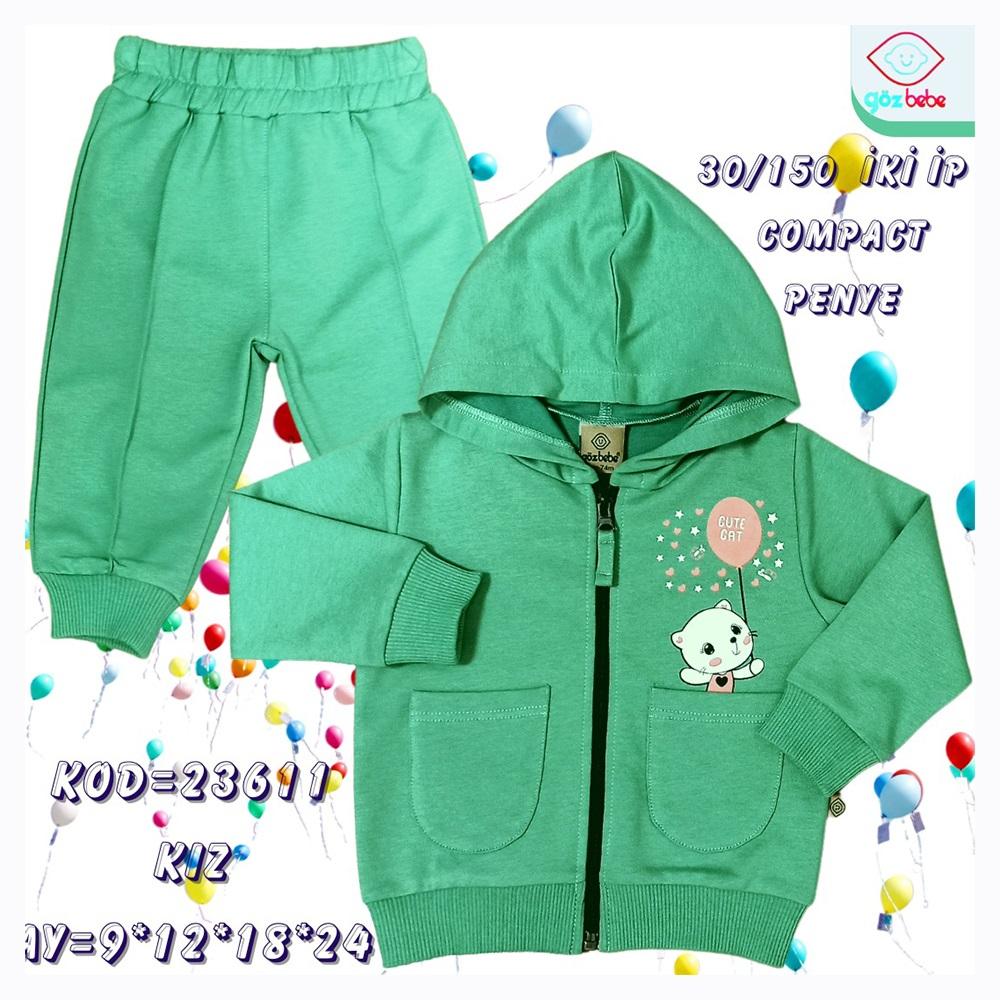 Göz Bebe 23611 Kız Bebe Cute Cat Baskılı Kapşonlu Penye Takım 9-24 Ay