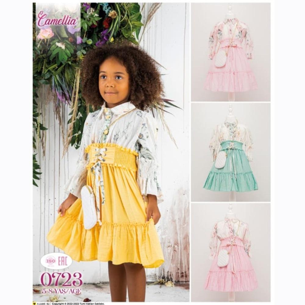 Camellia 723 Kız Çocuk Çantalı Desenli Uzun Kollu Elbise 5-8 Yaş