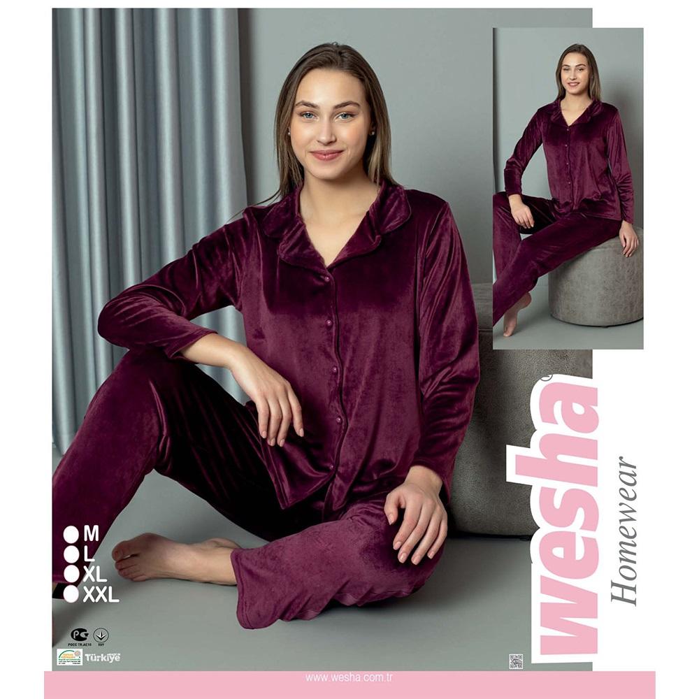 Wesha Bayan Kadife Düğmeli Gömlek Pijama Takımı M- 2XL