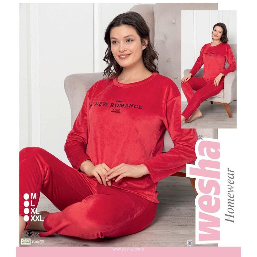 Wesha Bayan Kadife Sıfır Yaka New Romance Bas Pijama Takımı M- 2XL