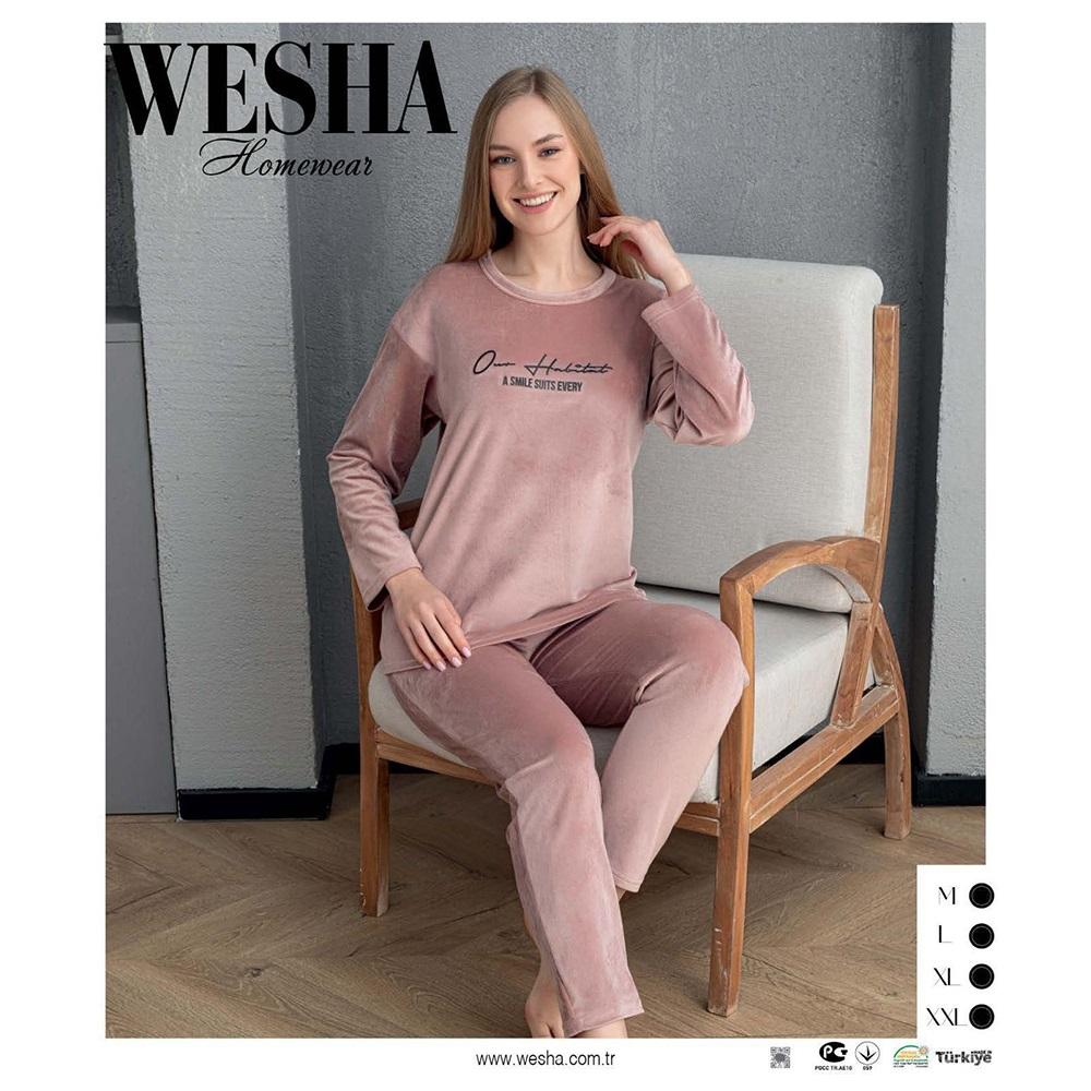 Wesha Bayan Kadife Sıfır Yaka A Smile Suıts Every Bas Pijama Takımı M- 2XL