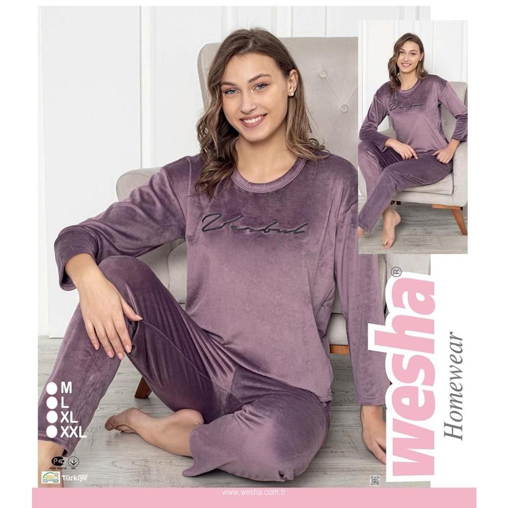Wesha Bayan Kadife Sıfır Yaka Enjeksiyon Baskılı Pijama Takımı M- 2XL