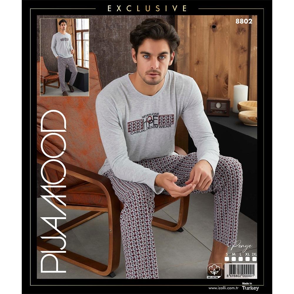 Pijamood 8802 Erkek Nakışlı Penye V Yaka Pijama Takımı S-2XL