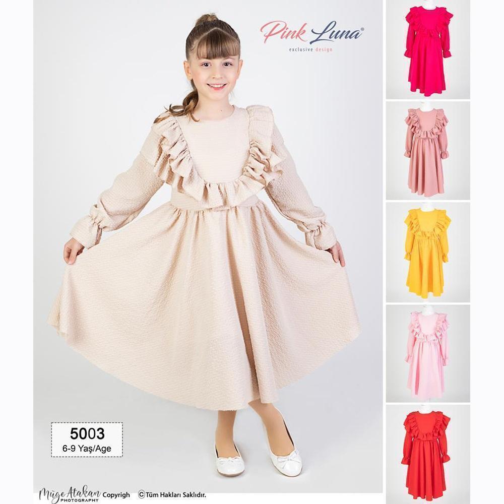 Pink Luna 5003 Kız Çocuk Pile Modelli Elbise 6-9 Yaş