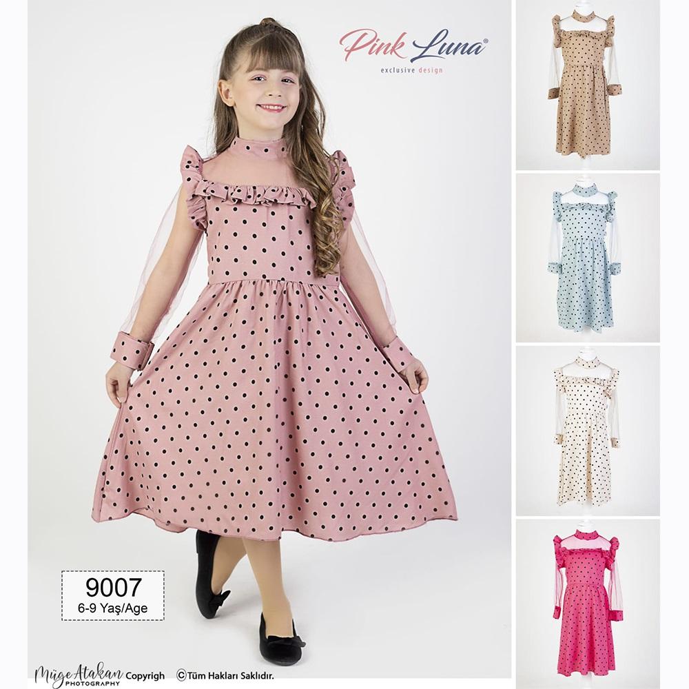 Pink Luna 9007 Kız Çocuk Puanlı Tül Detaylı Elbise 6-9 Yaş