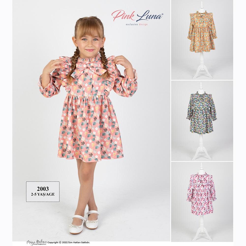 Pink Luna 2003 Kız Çocuk Yaprak Desenli Elbise 2-5 Yaş