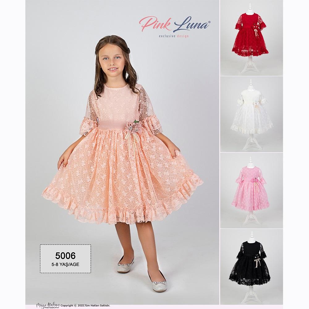 Pink Luna 5006 Kız Çocuk Güpürlü Süslü Abiye Elbise 6-9 Yaş