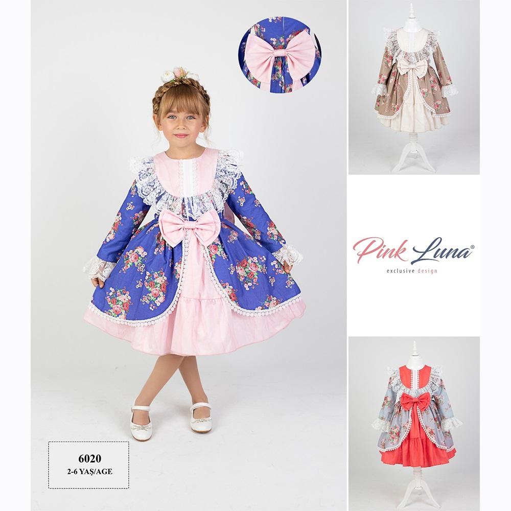 Pink Luna 6020 Kız Çocuk Çiçek Desenli Yaka Güpürlü Elbise 2-6 Yaş