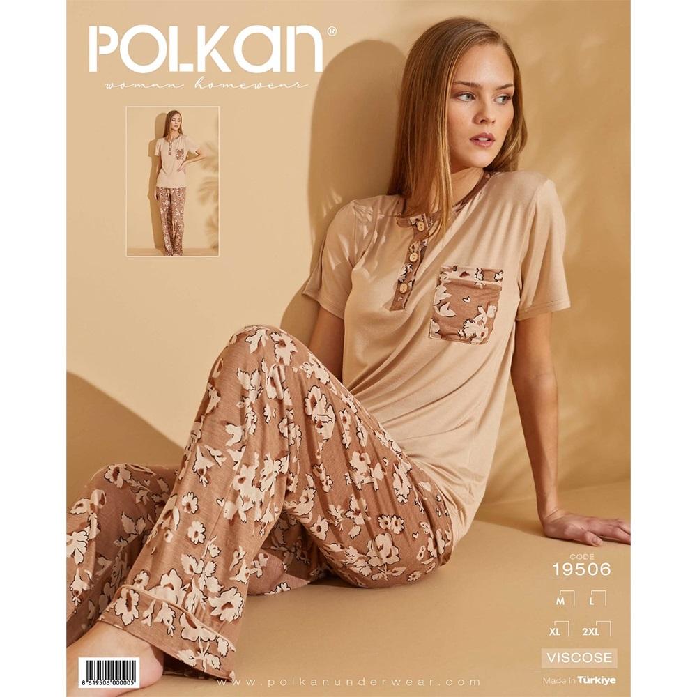 Polkan 19506 Bayan Viskon Nakışlı Y Kol Pijama Takımı M-L-XL-2XL