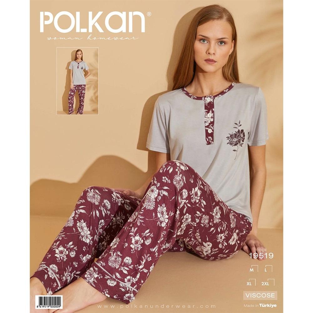 Polkan 19519 Bayan Viskon Nakışlı Y Kol Pijama Takımı M-L-XL-2XL