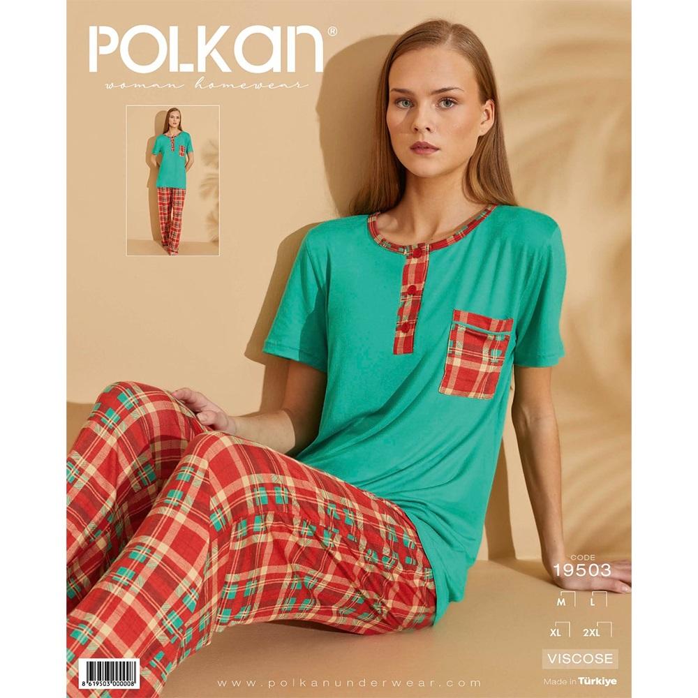 Polkan 19503 Bayan Viskon Kare Desenli Y Kol Pijama Takımı M-L-XL-2XL