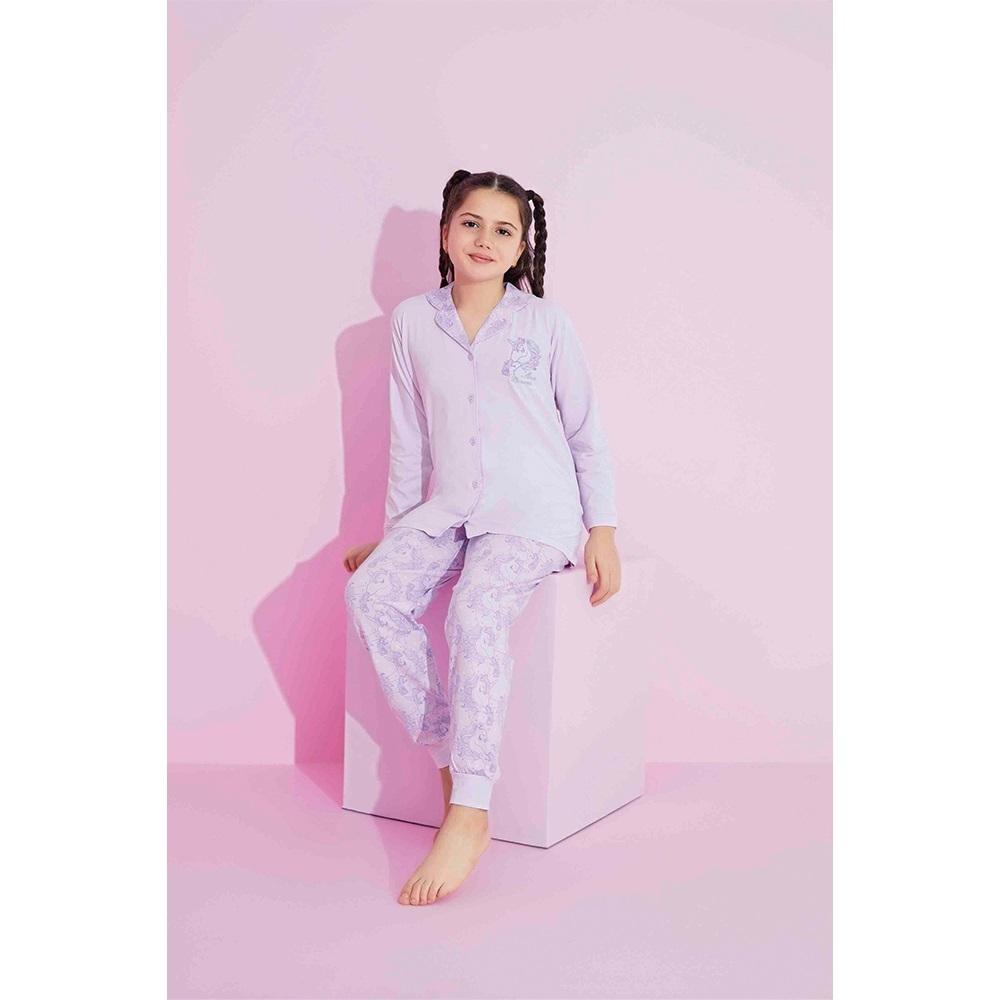 Tarık 2638-5 Kız Çocuk Unicorn Bas U Kol Penye Önden Düğmeli Pijama Takımı 6-13 Yaş