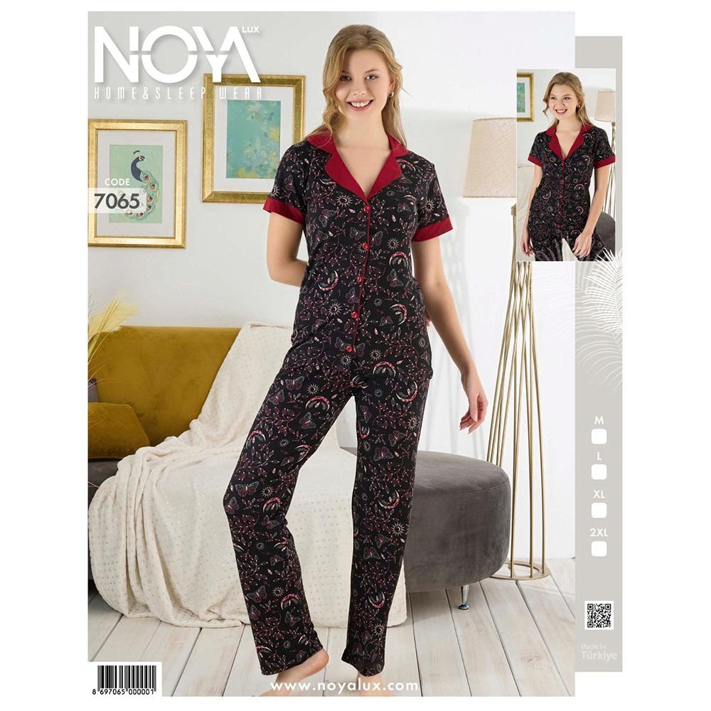 Noya Lüx 7065 Bayan Ring Viskon Önü Düğmeli Kısa Kol Pijama Takım M-2XL