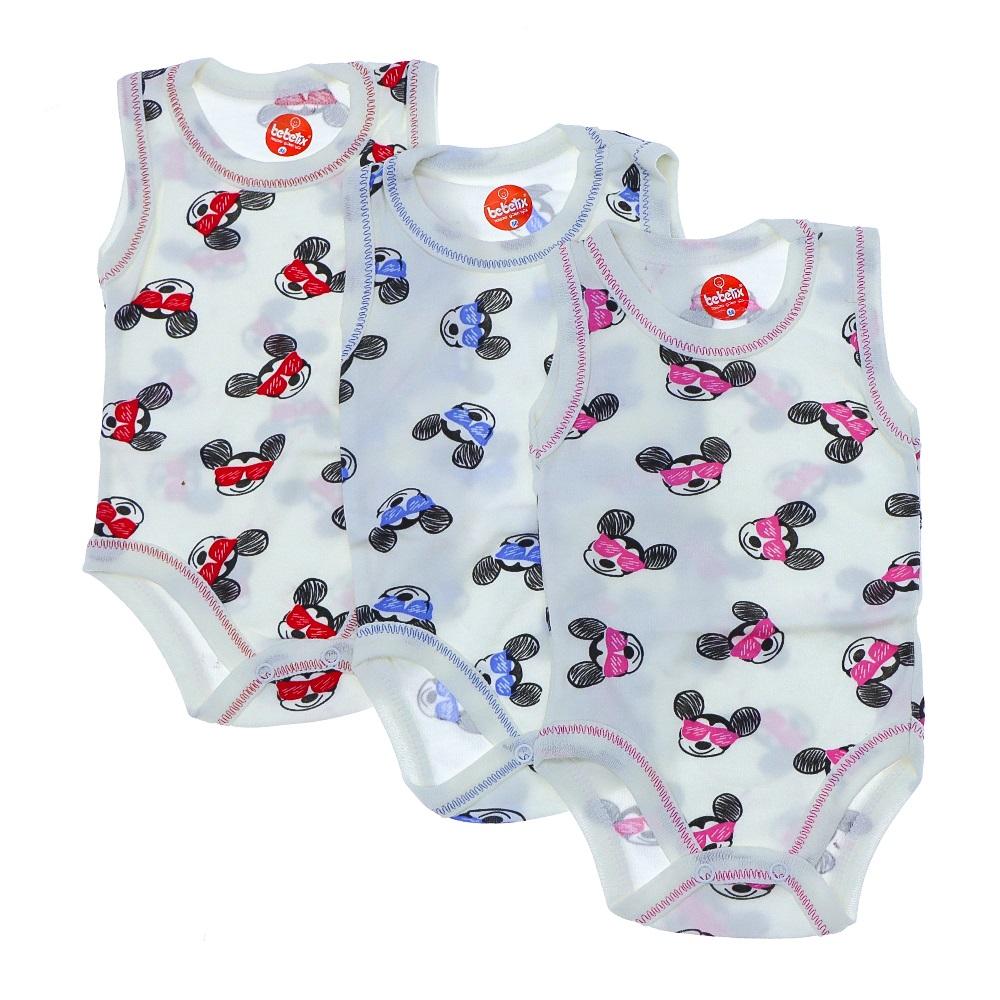 Luxeline 1252 Bebe Mickey Mouse Sıfır Kol Çıtçıtlı Badi 3-9 Ay