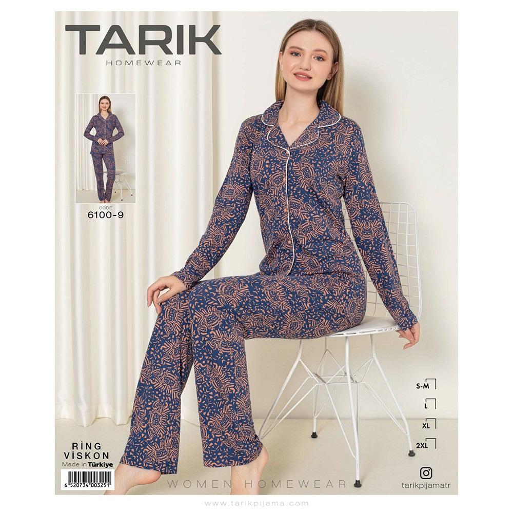 Tarık 6100-9 Bayan Ring Viskon Önden Düğmeli U Kol Pijama Takımı S-2XL