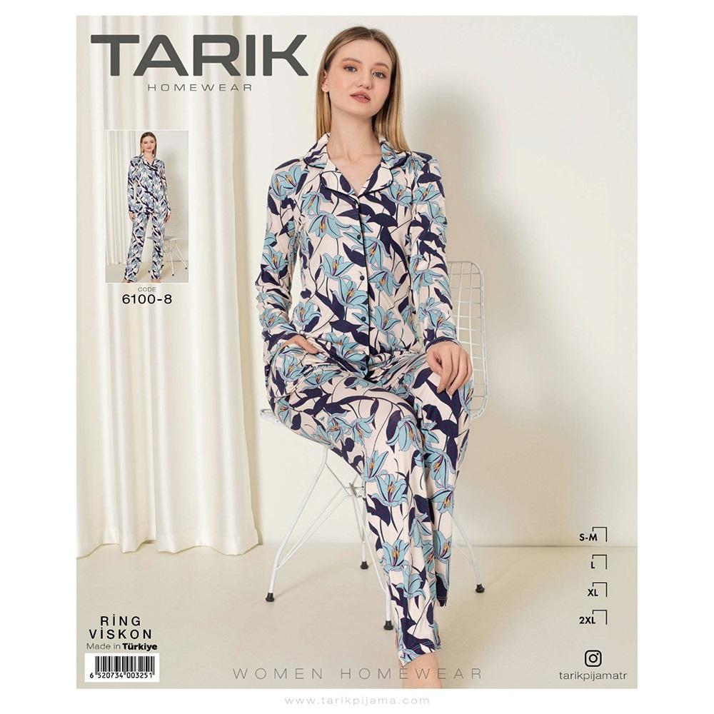 Tarık 6100-8 Bayan Ring Viskon Önden Düğmeli U Kol Pijama Takımı S-2XL