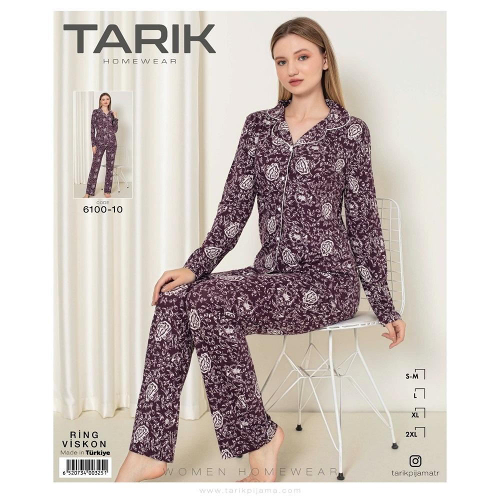 Tarık 6100-10 Bayan Ring Viskon Önden Düğmeli U Kol Pijama Takımı S-2XL