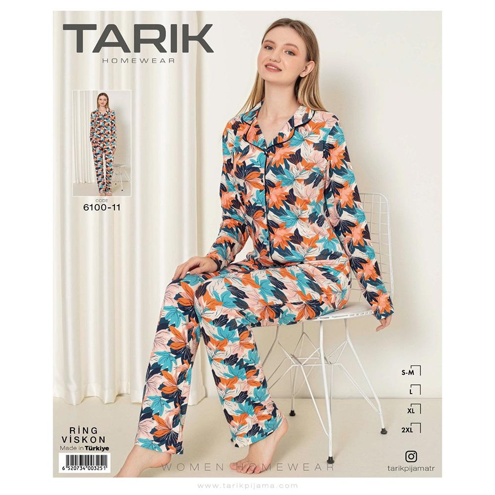 Tarık 6100-11 Bayan Ring Viskon Önden Düğmeli U Kol Pijama Takımı S-2XL