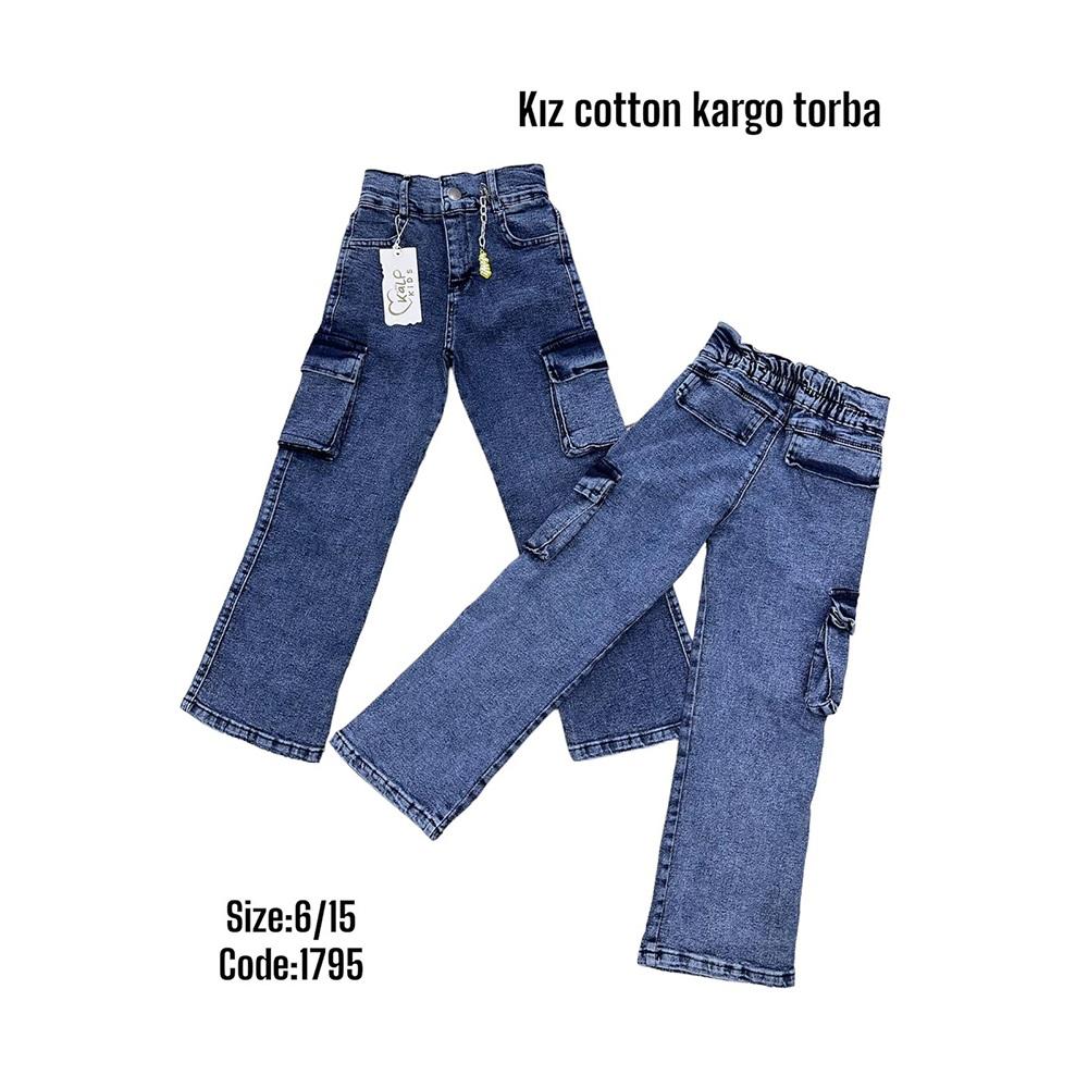 Kalp Kids 1795-1 Kız Çocuk Cotton Bag Pocket Kargo Cep Kot Pantolon 6-10 Yaş