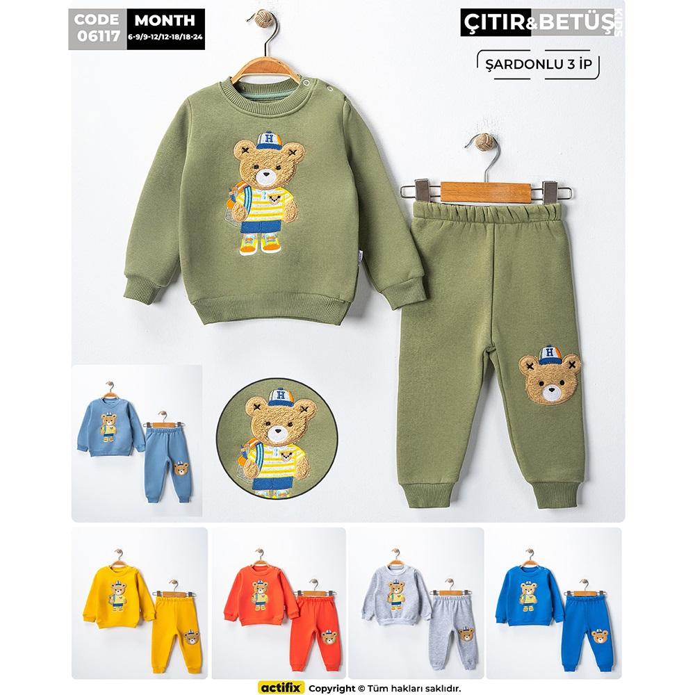 Çıtır Kids 6117 Erkek Bebe 3 İp Süzine Okullu Ayıcık Nakışlı Takım 6-24 Ay