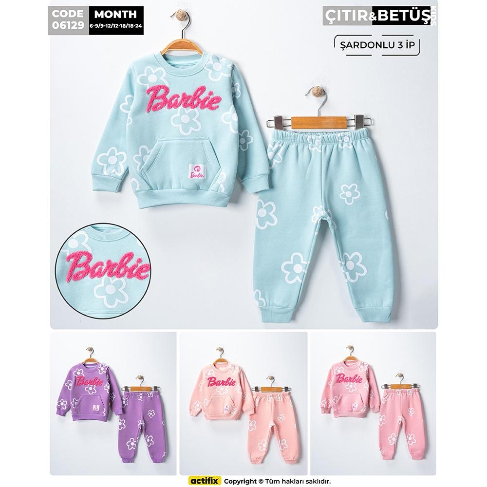 Çıtır Kids 6129 Kız Bebe 3 İp Barbie Süzine Nakışlı Takım 6-24 Ay