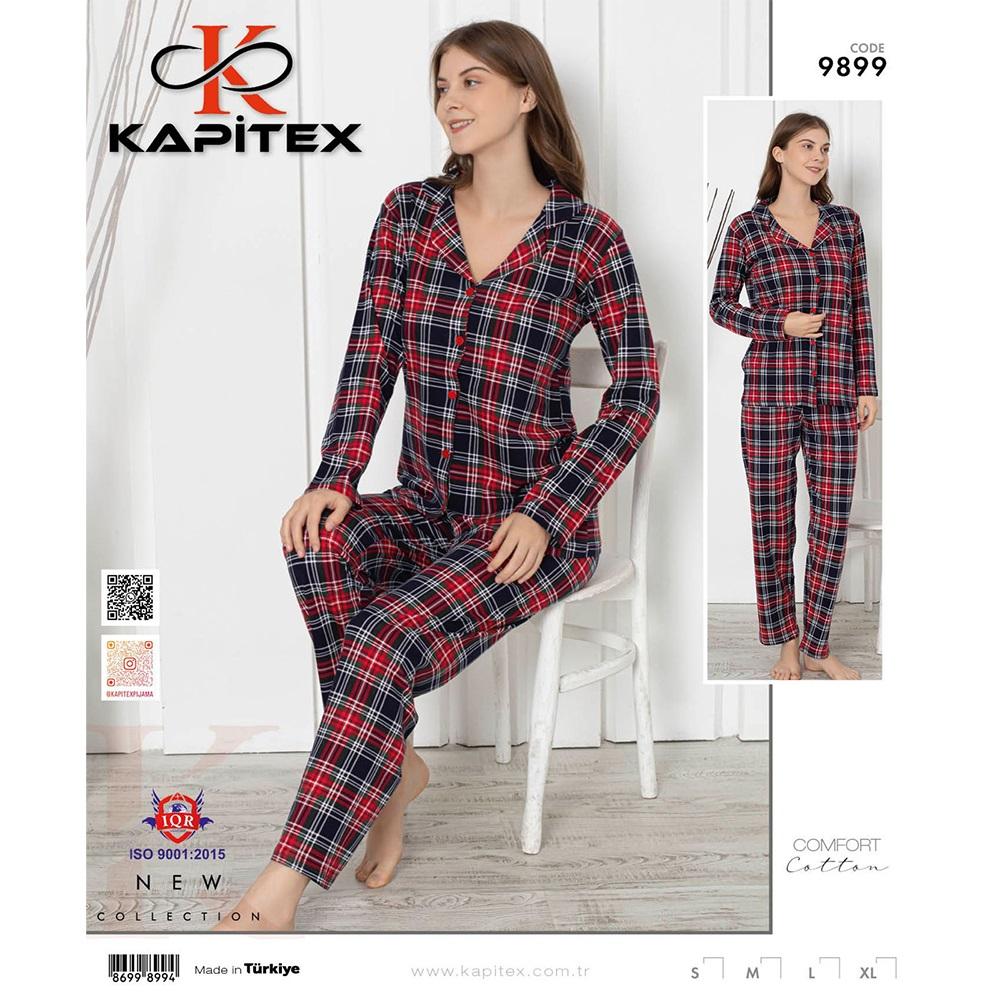 Kapitex 9899 Bayan Cotton Ekoseli Uzun Kol Boydan Düğmeli Pijama Takımı S-XL