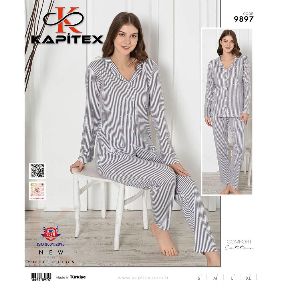 Kapitex 9897 Bayan Cotton Çizgili Uzun Kol Boydan Düğmeli Pijama Takımı S-XL