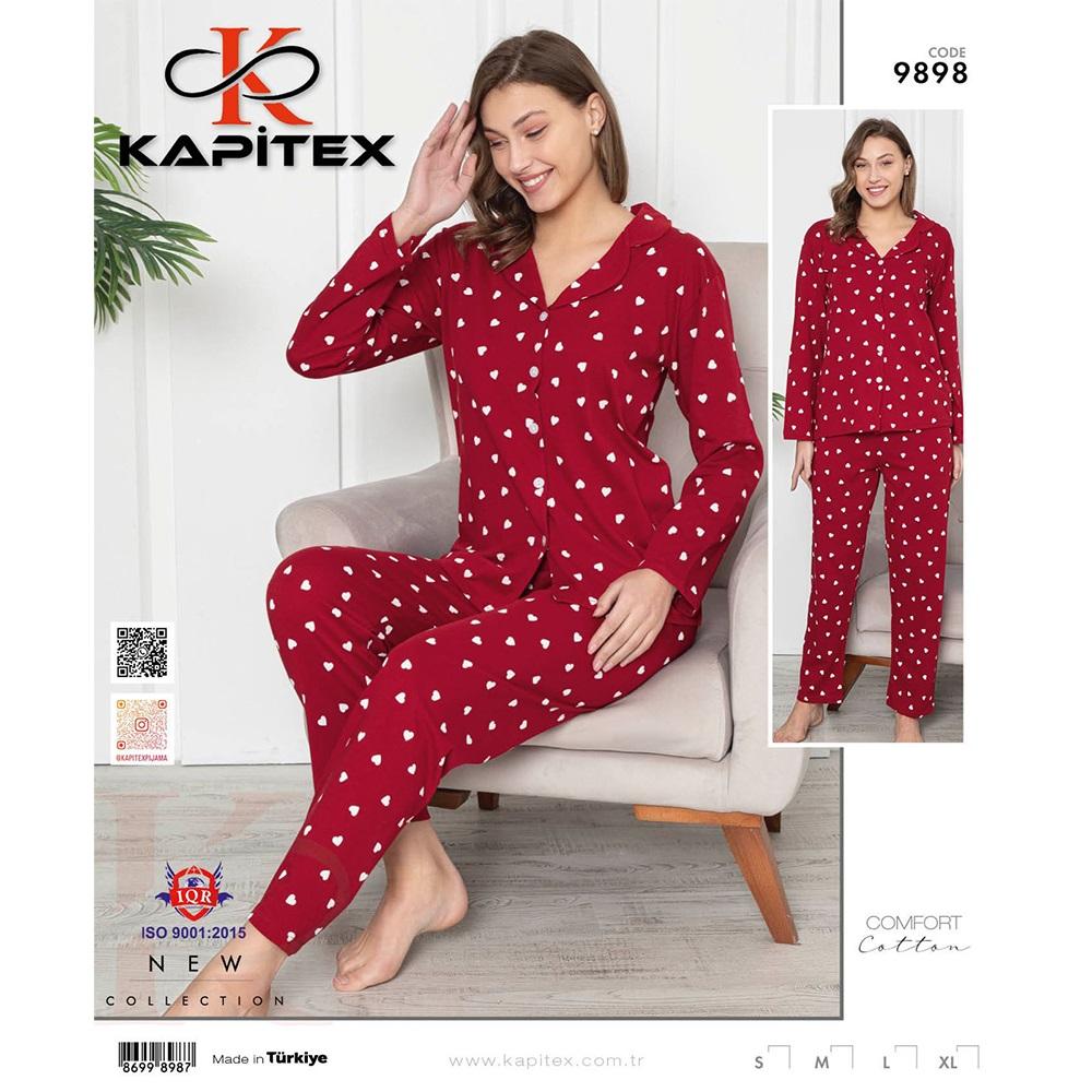 Kapitex 9898 Bayan Cotton Kalpli Uzun Kol Boydan Düğmeli Pijama Takımı S-XL