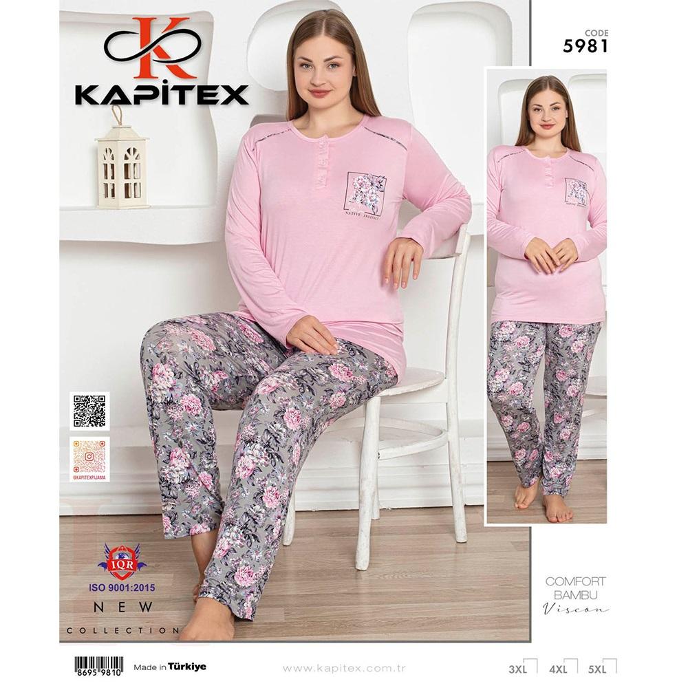 Kapitex 5981 Bayan Battal Bambu Viskon Uzun Kol Pijama Takımı 3XL-4XL-5XL