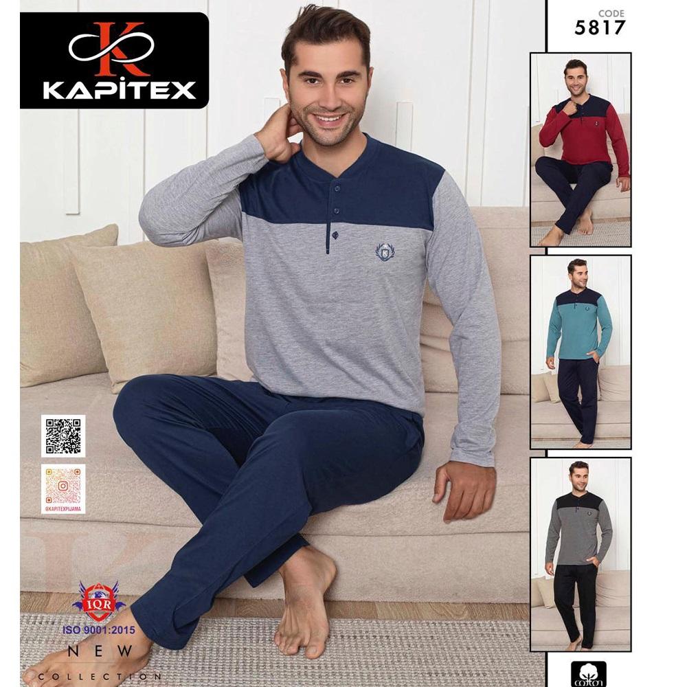Kapitex 5817 Erkek Cotton Robalı 3 Düğmeli Uzun Kol Pijama Takımı M-2XL