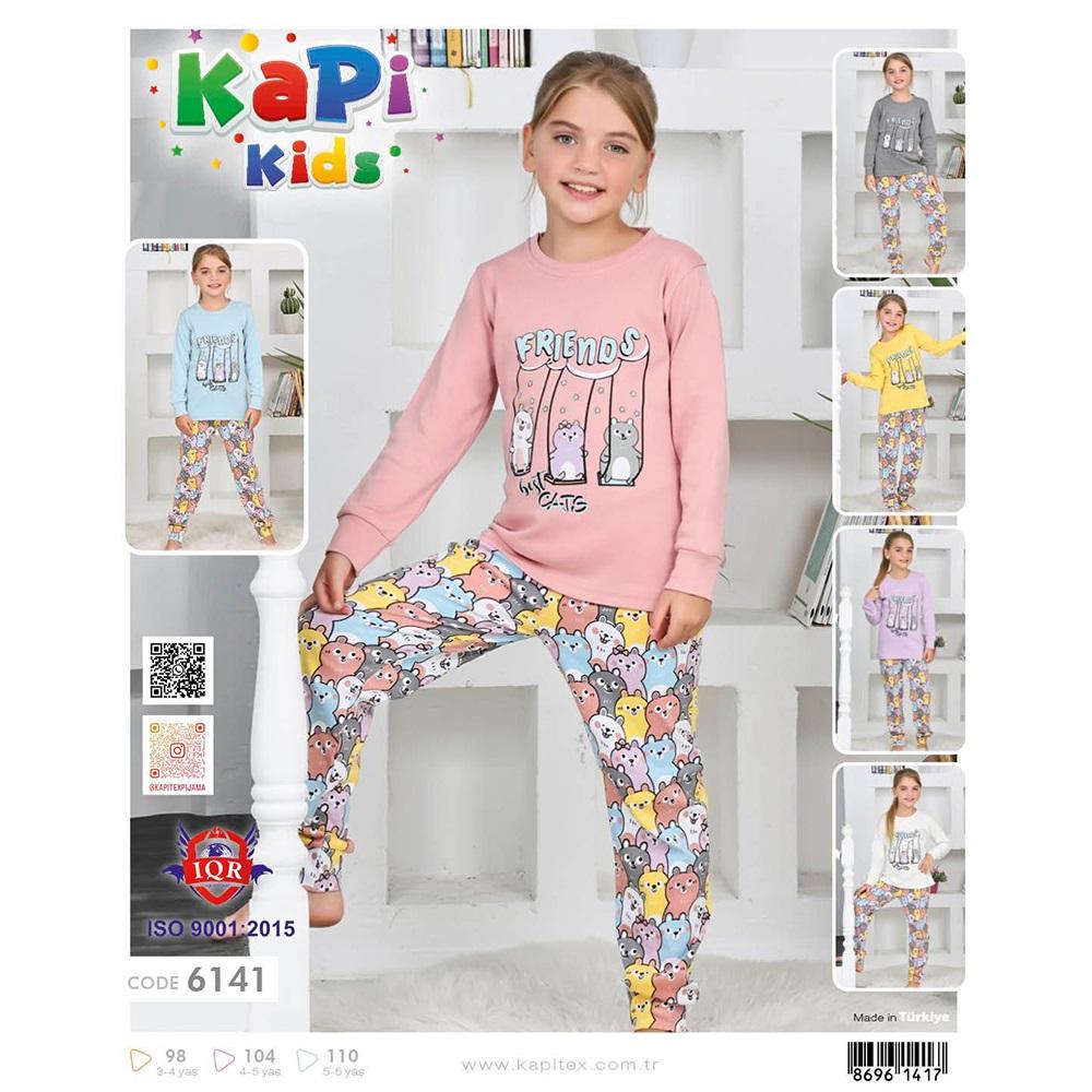 Kapi Kids 6141 Kız Çocuk İnterlok Kediler Baskılı Uzun Kol Pijama Takımı 3-4-5-6 Yaş