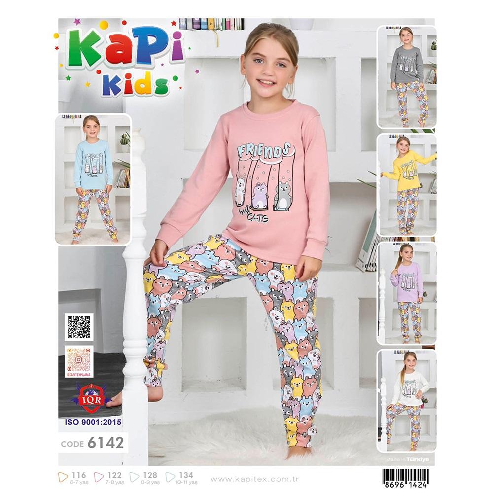 Kapi Kids 6142 Kız Çocuk Garson İnterlok Kediler Baskılı Uzun Kol Pijama Takımı 6-7-10-11 Yaş