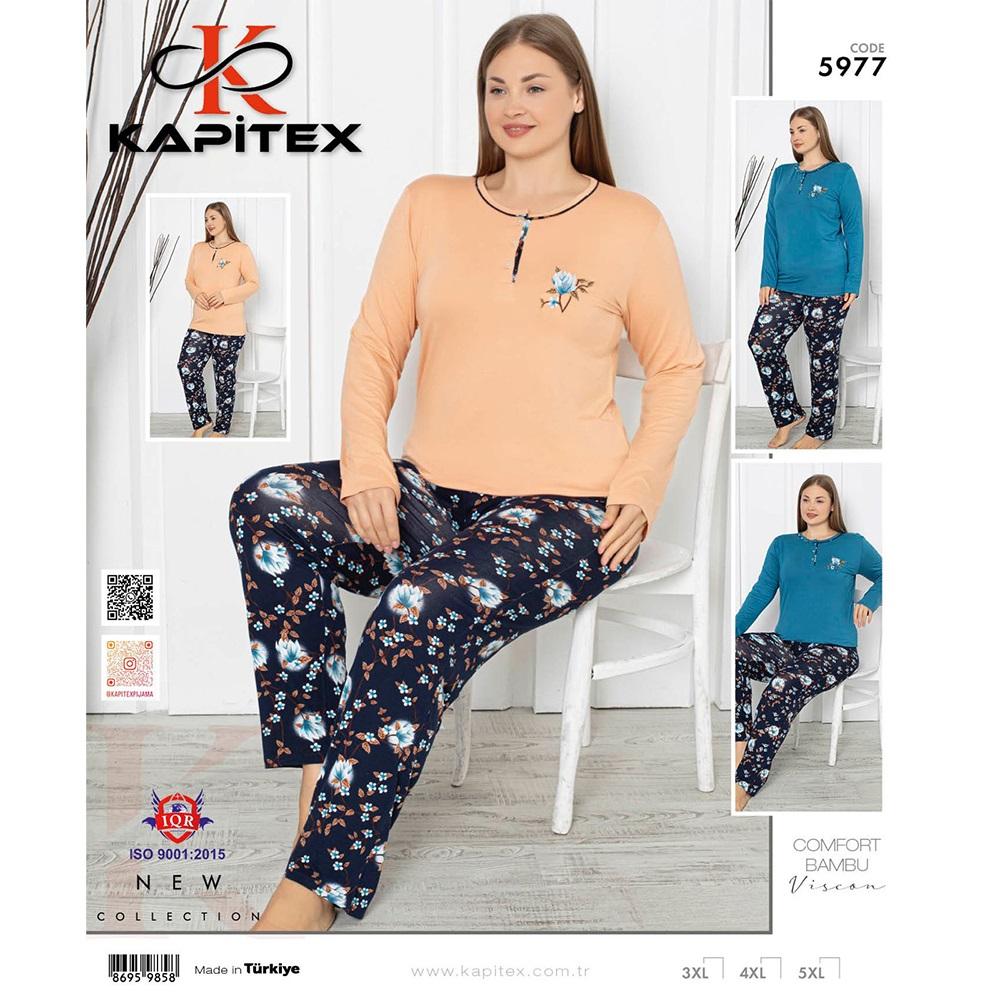 Kapitex 5977 Bayan Battal Bambu Viskon Uzun Kol Pijama Takımı 3XL-4XL-5XL