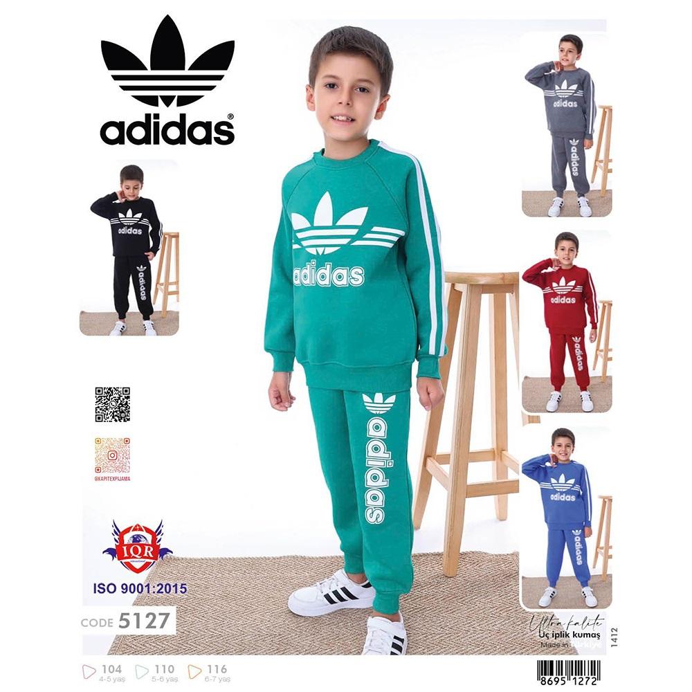 Adidas 5127 Erkek Çocuk 3 İp Adidas Baskılı Uzun Kol Pijama Takımı 4-7 Yaş