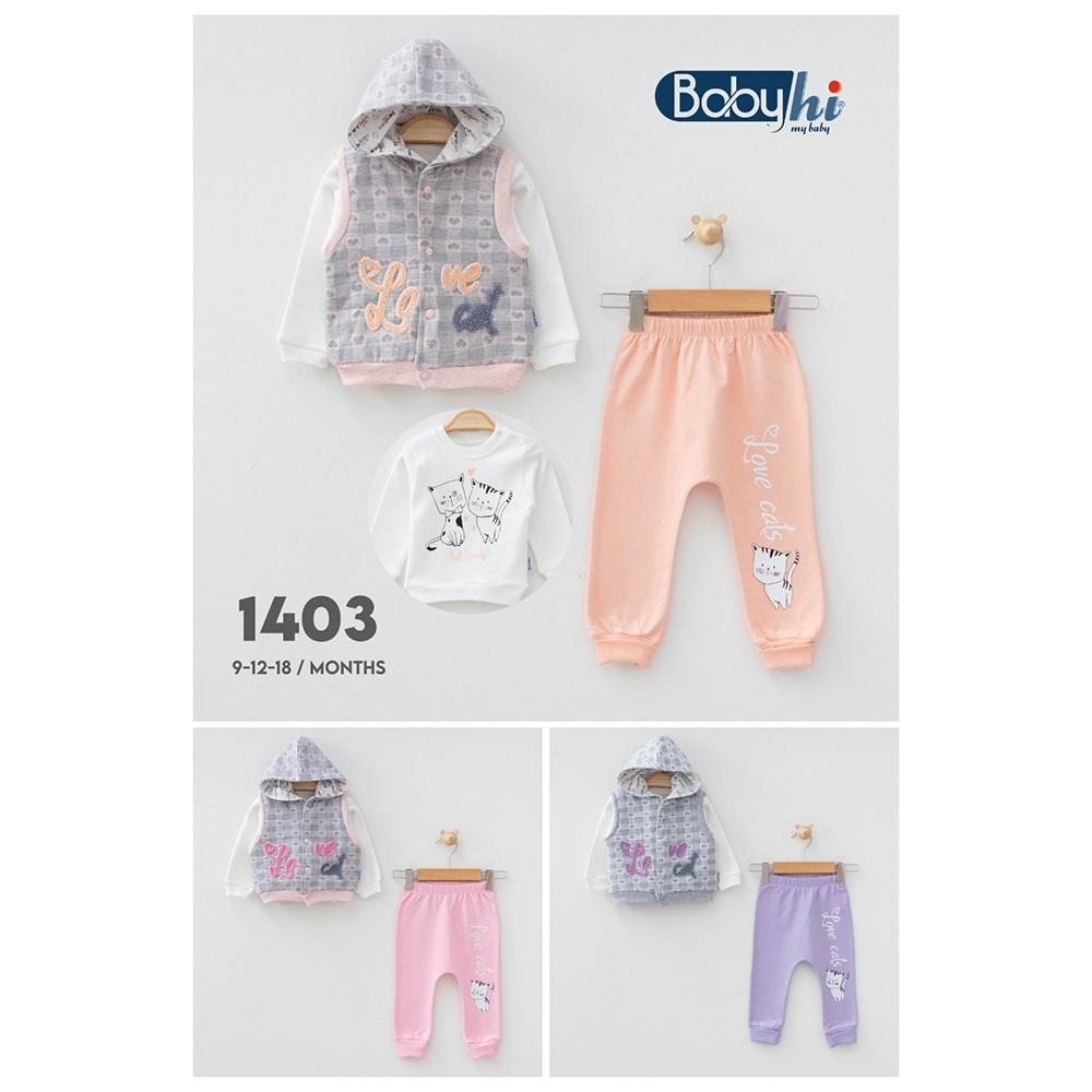 Fery Baby 1403 Kız Love Cat Nakıslı 3 lü Yelekli Takım 6-9-18 Ay