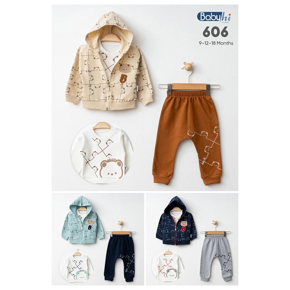 Baby Hi 606 Erkek Bebe Hi Bear Baskılı Kapşonlu Ceketlı 3Lü Takım 6.9.12 Ay