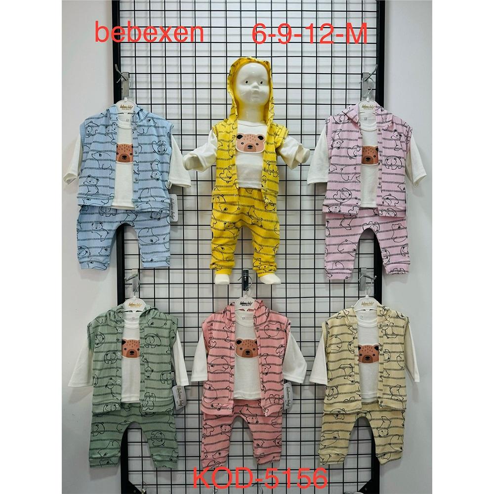 Bebexen Baby 5156 Bebe Penye Sevimli Ayıcık Baskılı Kapşonlu Yelekli Takım 6-12 Ay