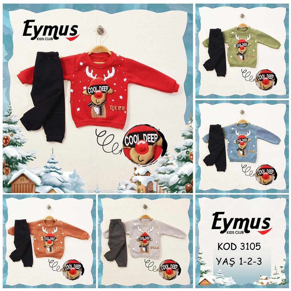 Eymus 3105 Erkek Çocuk 3 İplik Ponponlu Geyik Nakışlı Takım 1-3 Yaş