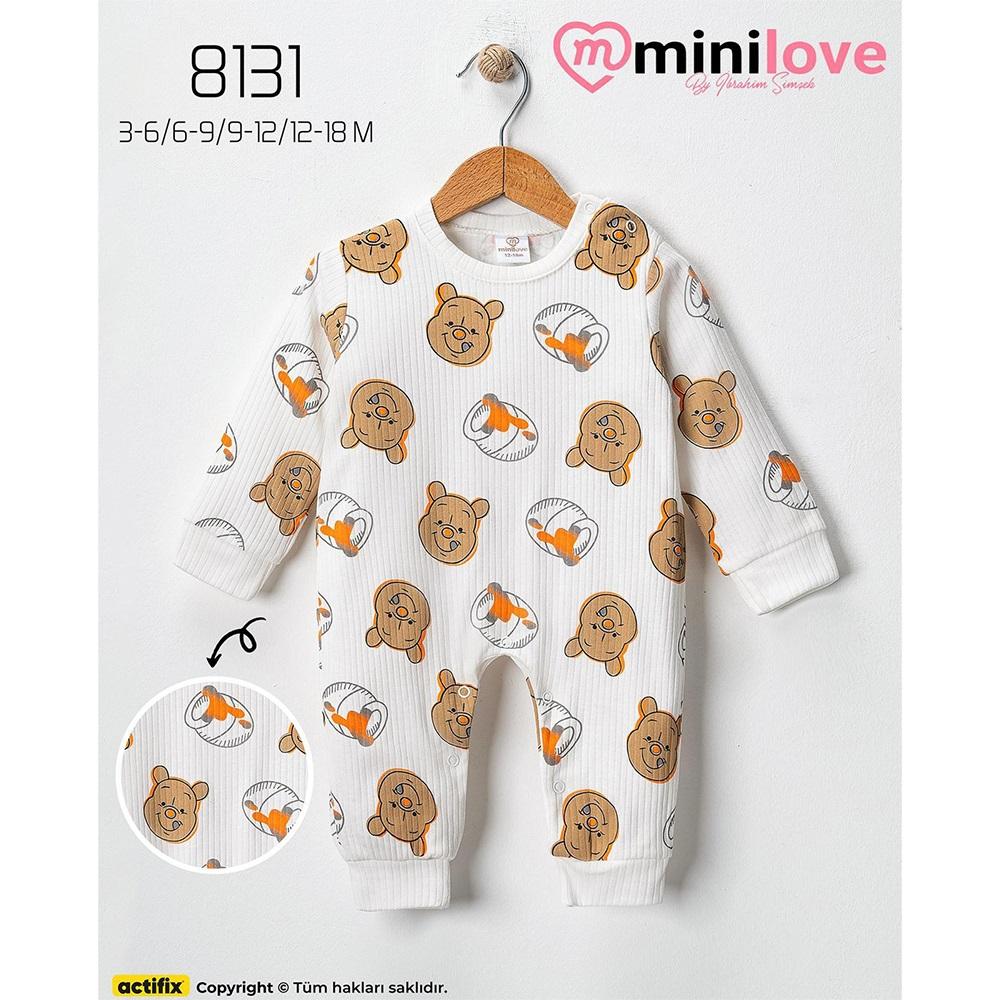 Mini love 8131 Bebe Raporlu Şapkalı Ayıcık Baskılı Tulum 3-18 Ay