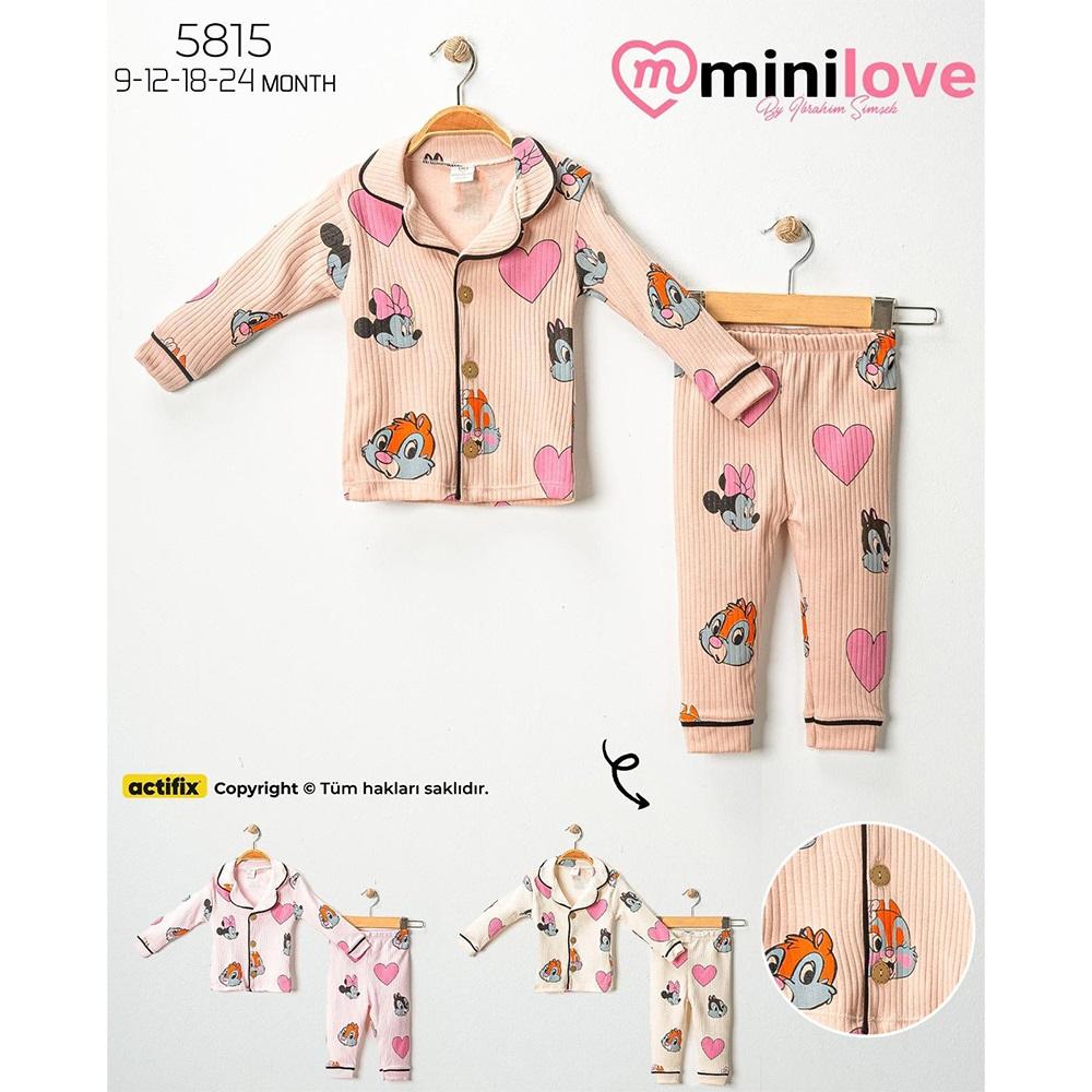 Mini love 5815 Bebe Kıl Biyeli Sincaplı Kalpli Baskılı Pijama Takımı 6-24 Ay