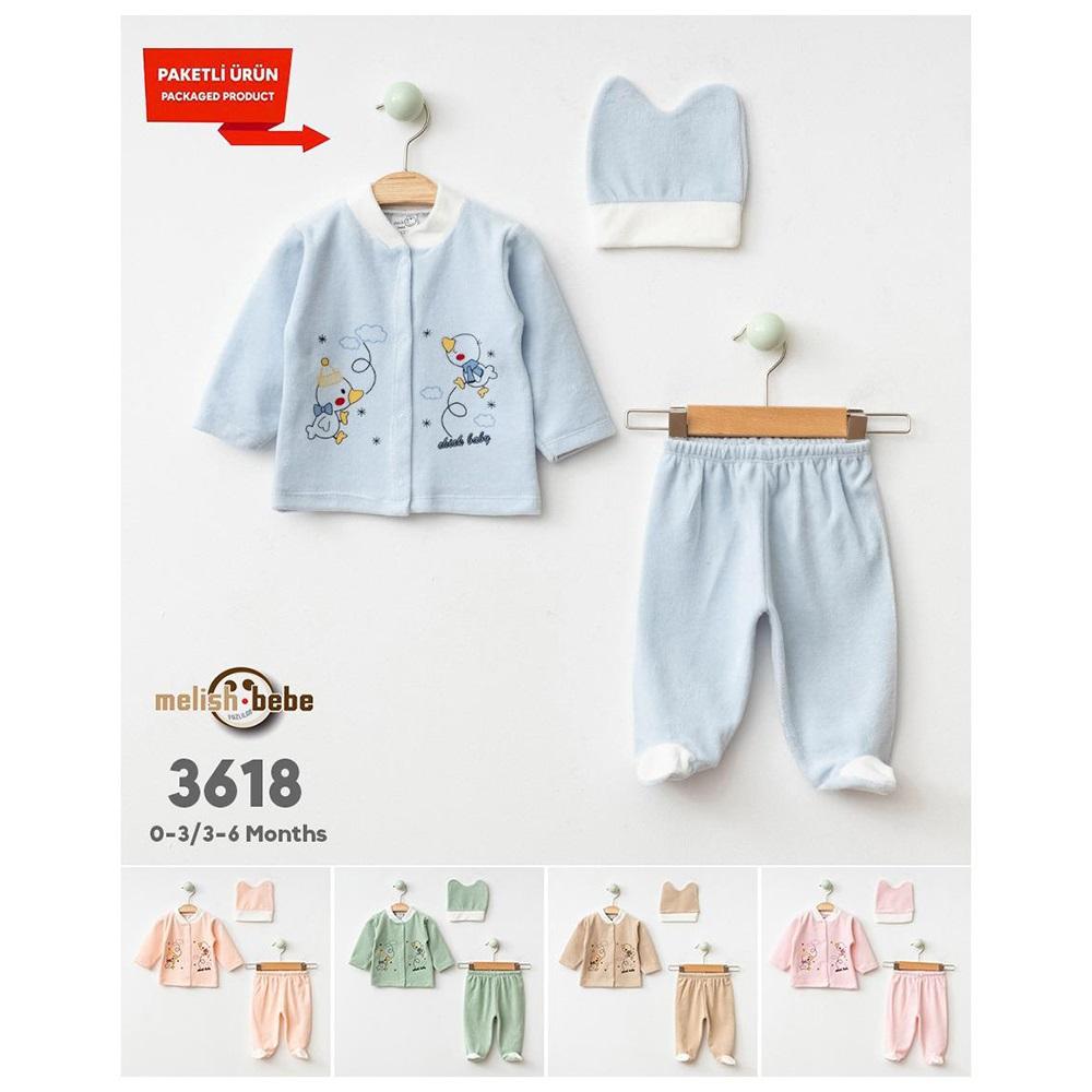 Melish Bebe 3618 Bebe Kadife Ördek Desenli Şapkalı Takım 0-3-6 Ay