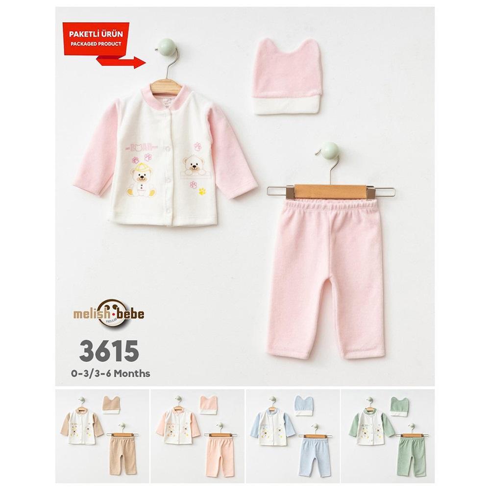 Melish Bebe 3615 Bebe Kadife Bear Desenli Şapkalı Takım 0-3-6 Ay