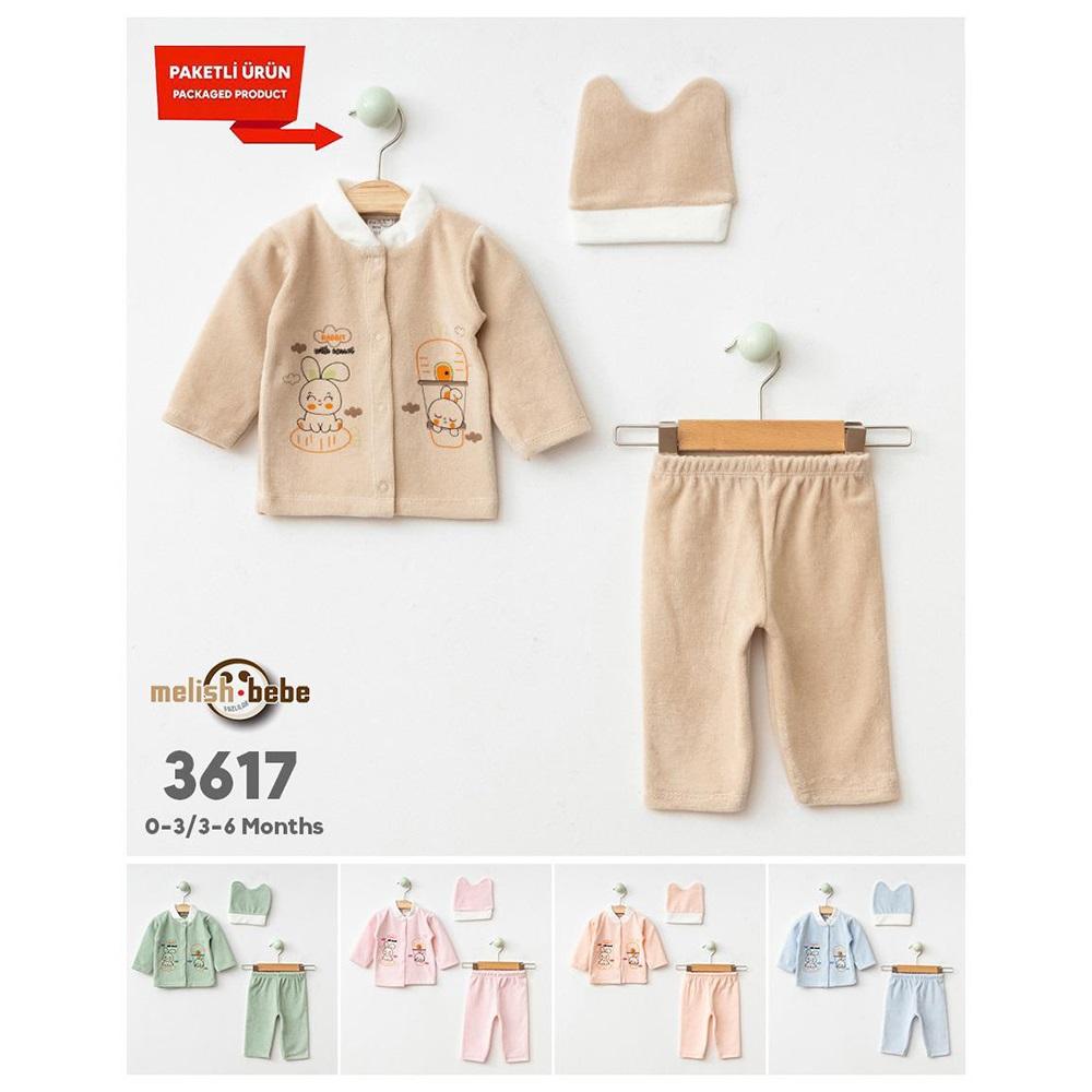 Melish Bebe 3617 Bebe Kadife Tavşan Desenli Şapkalı Takım 0-3-6 Ay