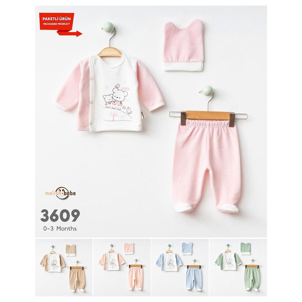 Melish Bebe 3609 Bebe Kadife Winter Baskılı Şapkalı Takım 0-3-6 Ay