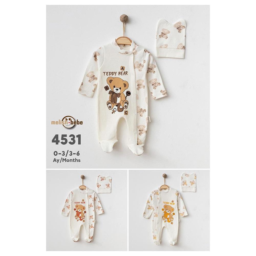 Melish Bebe 4531 Bebe Raporlu Teddy Bear Baskılı Şapkalı Tulum 0-3-6 Ay