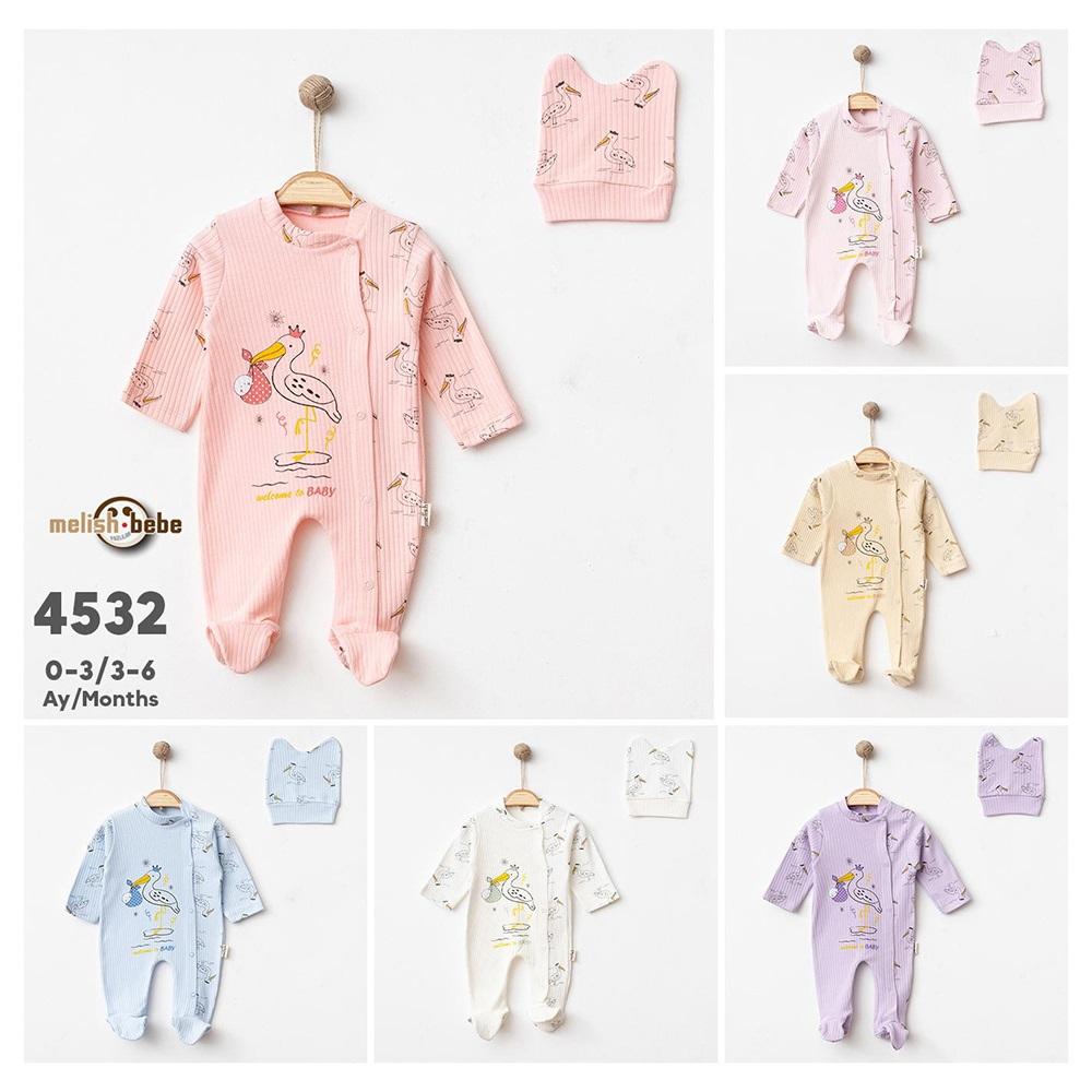 Melish Bebe 4532 Bebe Raporlu Leylek Baskılı Şapkalı Tulum 0-3-6 Ay