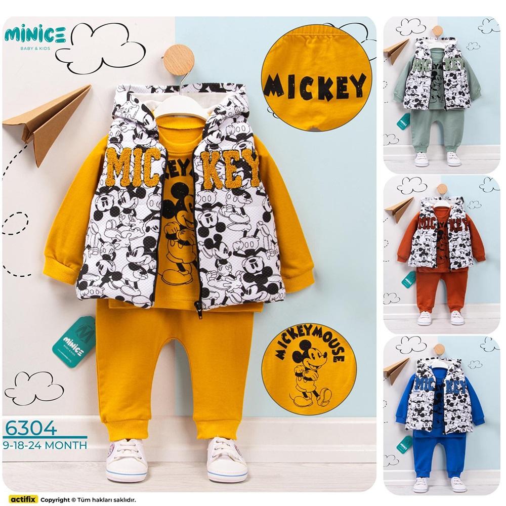 Minice 6304 Erkek Bebe Mickey Süzine Nakışlı 3 lü Takım 9-18-24 Ay