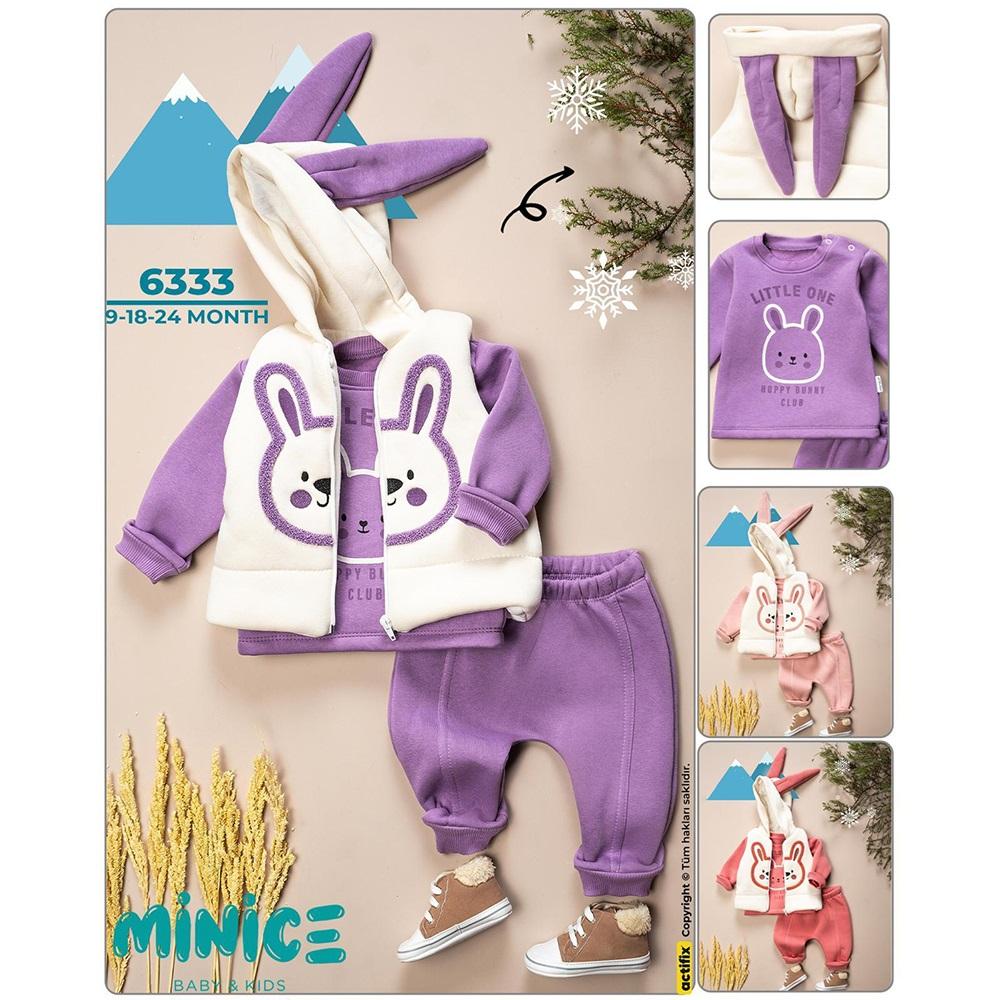 Minice 6333 Kız Bebe 3 İp Tavşan Süzine Nakışlı 3 lü Takım 9-18-24 Ay