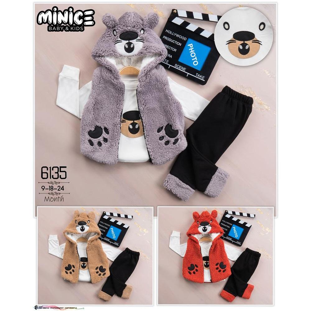 Minice 6135 Erkek Bebe Peluşlu Pati Nakışlı 3 lü Takım 9-18-24 Ay