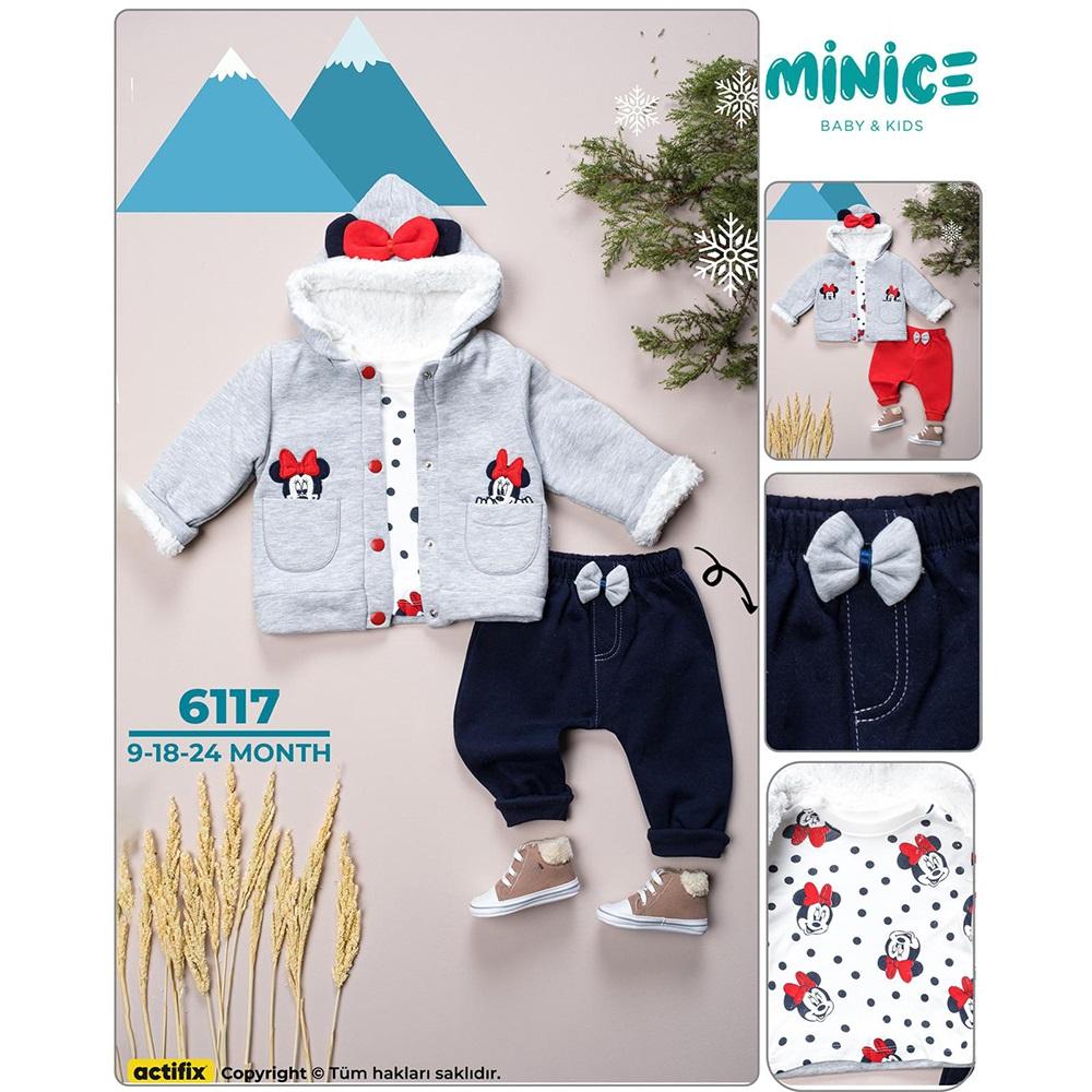 Minice 6117 Kız Bebe Peluşlu Mickey Nakışlı 3 lü Takım 9-18-24 Ay